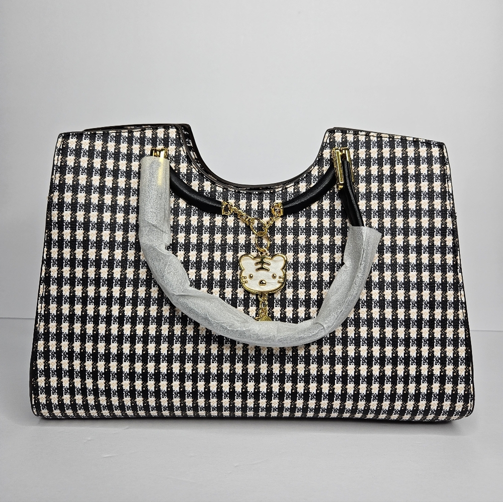 Houndstooth Structured Handbag w/ Gold Hardware + Kitty Charm